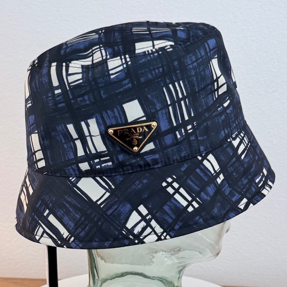 Prada Tessuto Madras Navy Blue Plaid Nylon Bucket Hat 1HC137 Size M 58cm